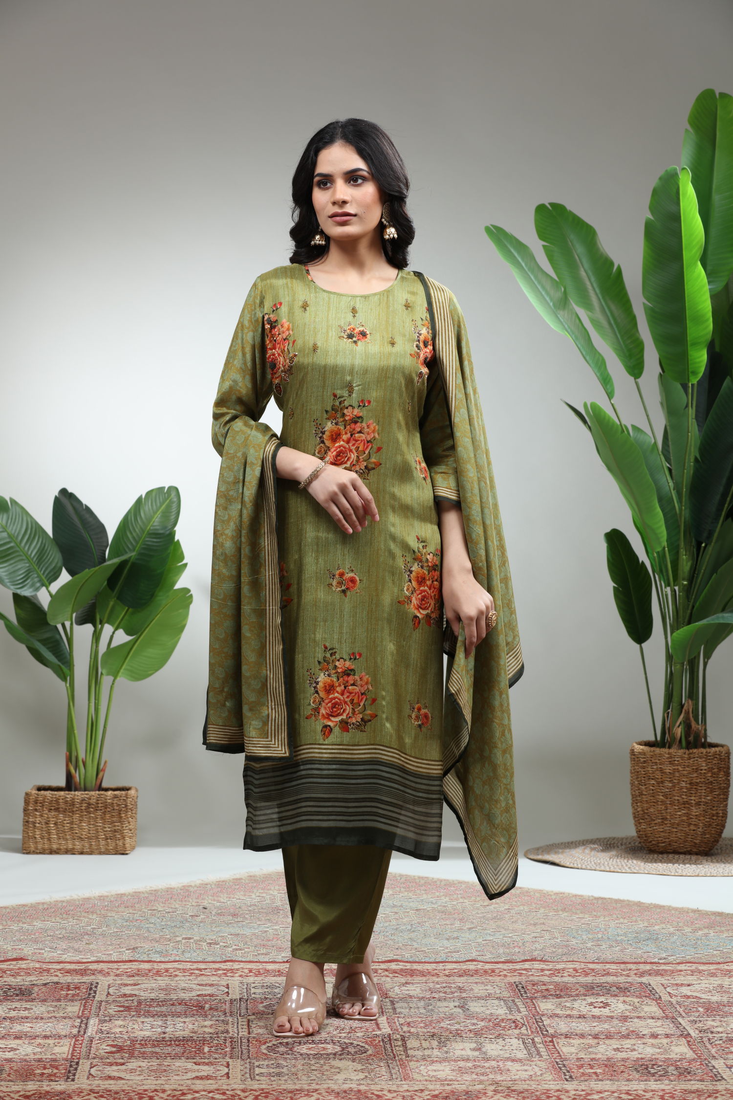 Olive Green 3 Piece Suit Set With Dupatta